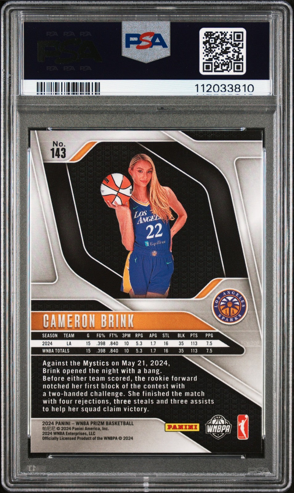 2024 Panini Prizm WNBA - CAMERON BRINK #143 a - Rookie - PSA - ROOKIE