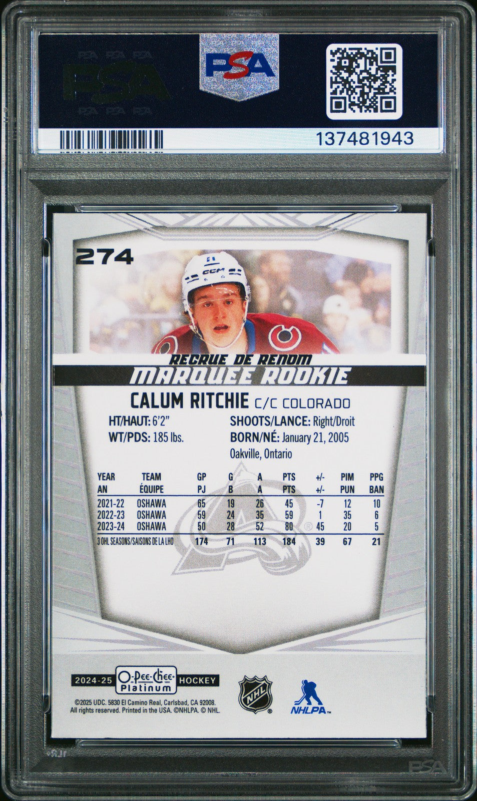 2024 Upper Deck O-PEE-CHEE Platinum Hockey - CALUM RITCHIE #274 - PSA - ROOKIE