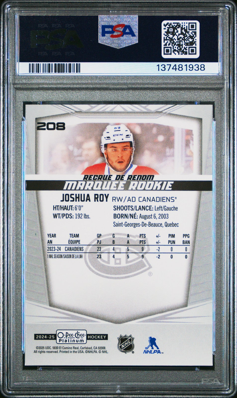 2024 Upper Deck O-PEE-CHEE Platinum Hockey NHL - JOSHUA ROY #208 - PSA - ROOKIE