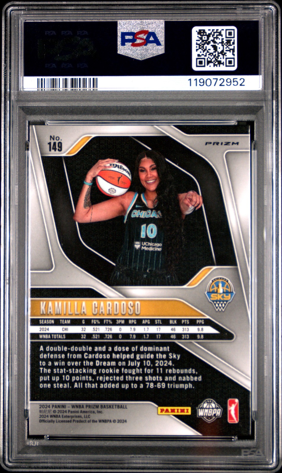 2024 Panini Prizm WNBA - KAMILLA CARDOSO #149 - Blue Velocity ROOKIE - PSA 10