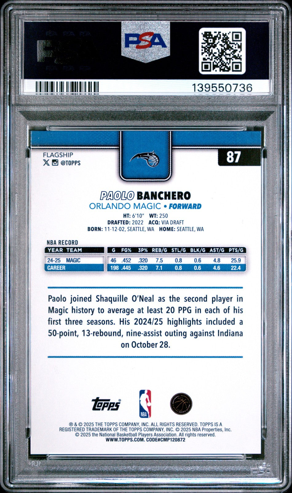 2025 Topps NBA - PAOLO BANCHERO #87 - Orange Rainbow /25 - PSA - Orange /25