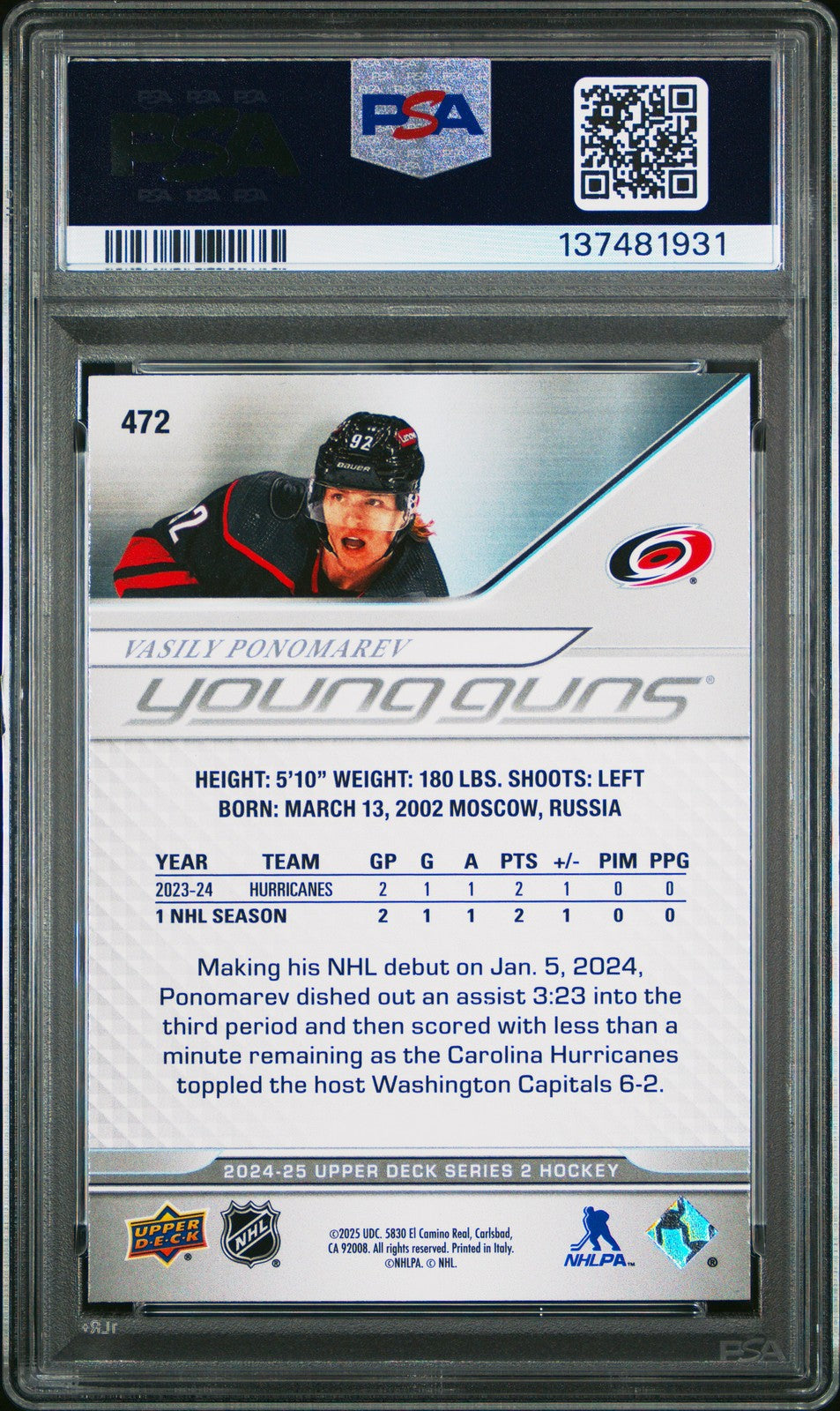 2024 Upper Deck Hockey NHL - VASILY PONOMAREV #472- YOUNG GUNS - PSA - YG ROOKIE