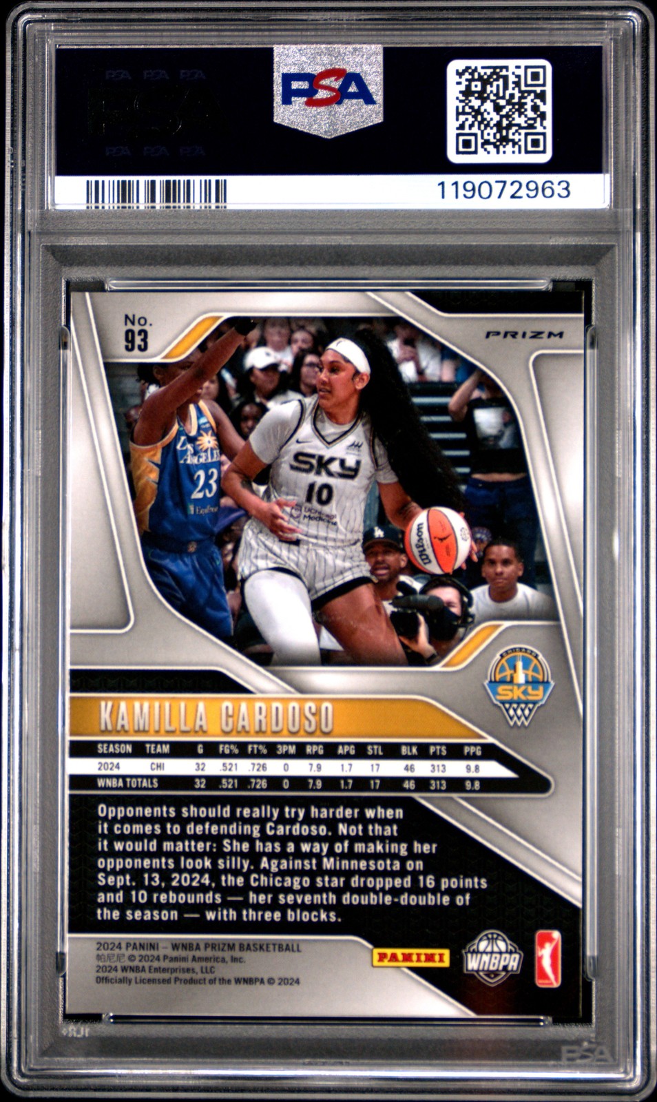 2024 Panini Prizm WNBA - KAMILLA CARDOSO #93 - BLUE VELOCITY - Rookie - PSA 10
