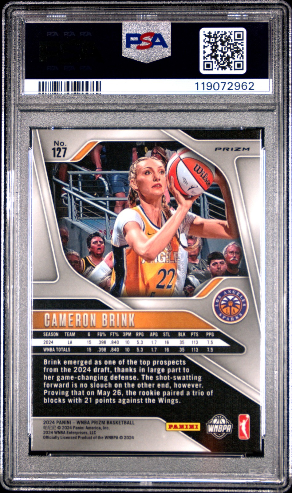 2024 Panini Prizm WNBA- CAMERON BRINK #127 - Blue Velocity Rookie - PSA - ROOKIE
