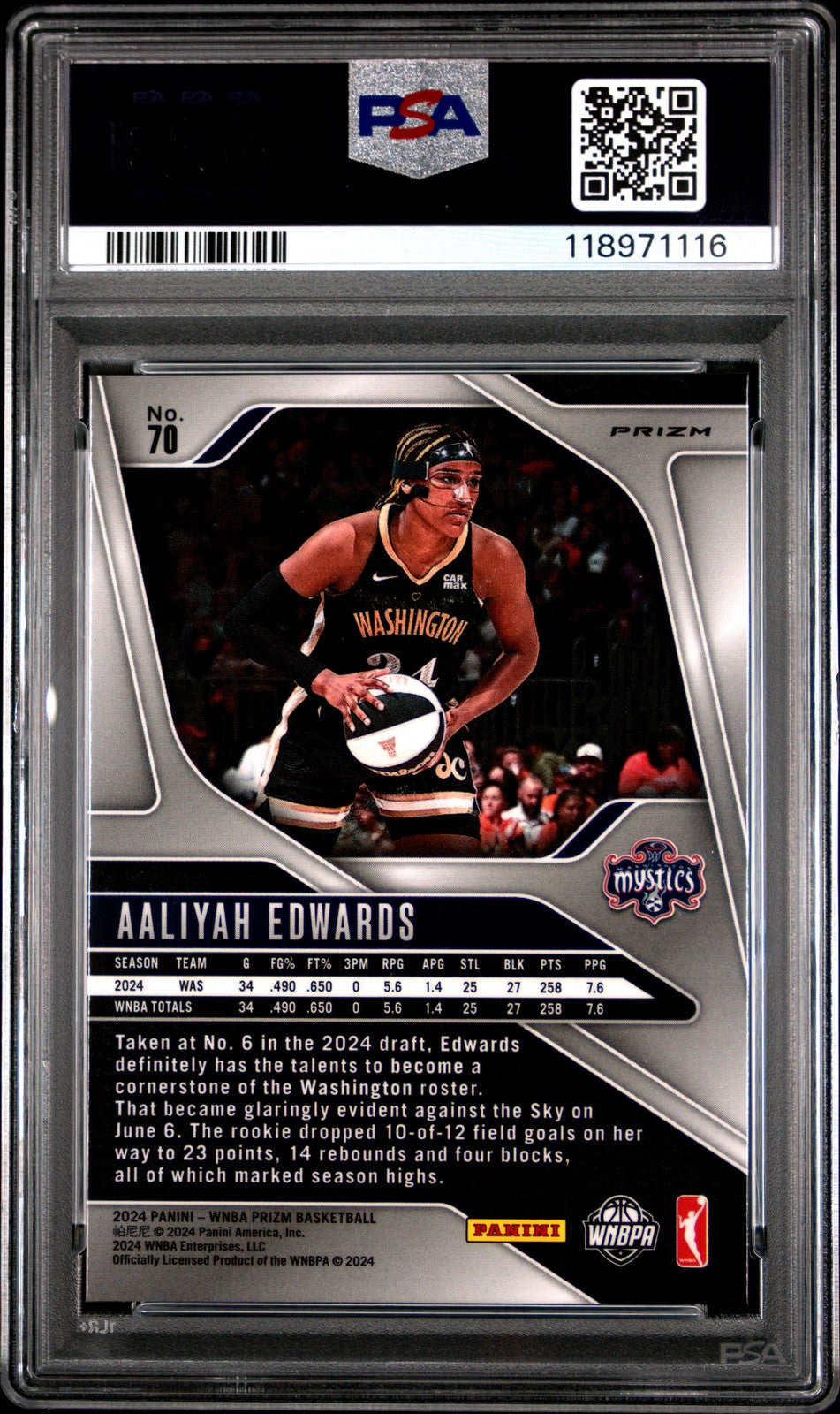 2024 Panini Prizm WNBA- AALIYAH EDWARDS #70b- Silver Prizm Rookie - PSA - ROOKIE