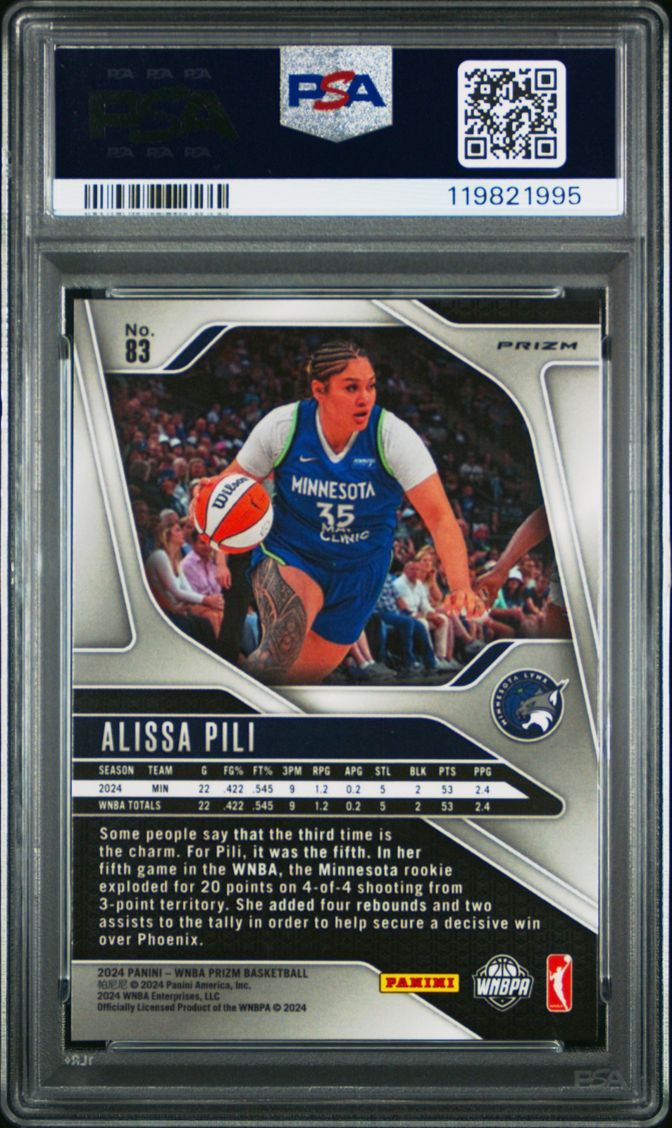 2024 Panini Prizm WNBA - ALISSA PILI #83 b - Ice Rookie - PSA 9 - Ice ROOKIE