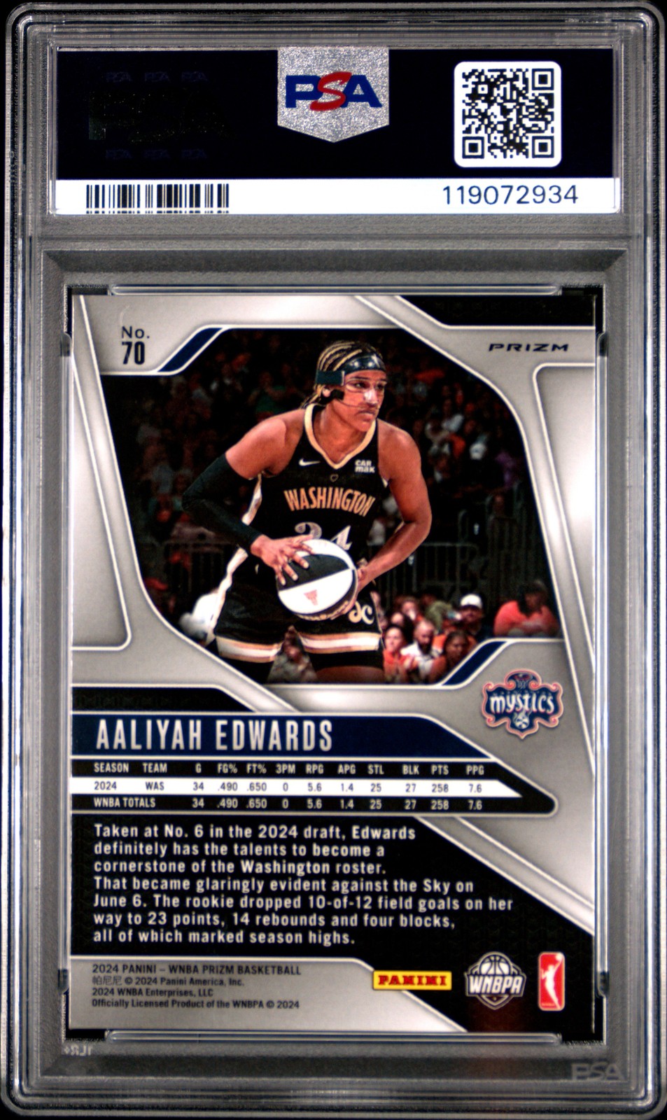 2024 Panini Prizm WNBA- AALIYAH EDWARDS #70a- Silver Prizm Rookie - PSA - ROOKIE