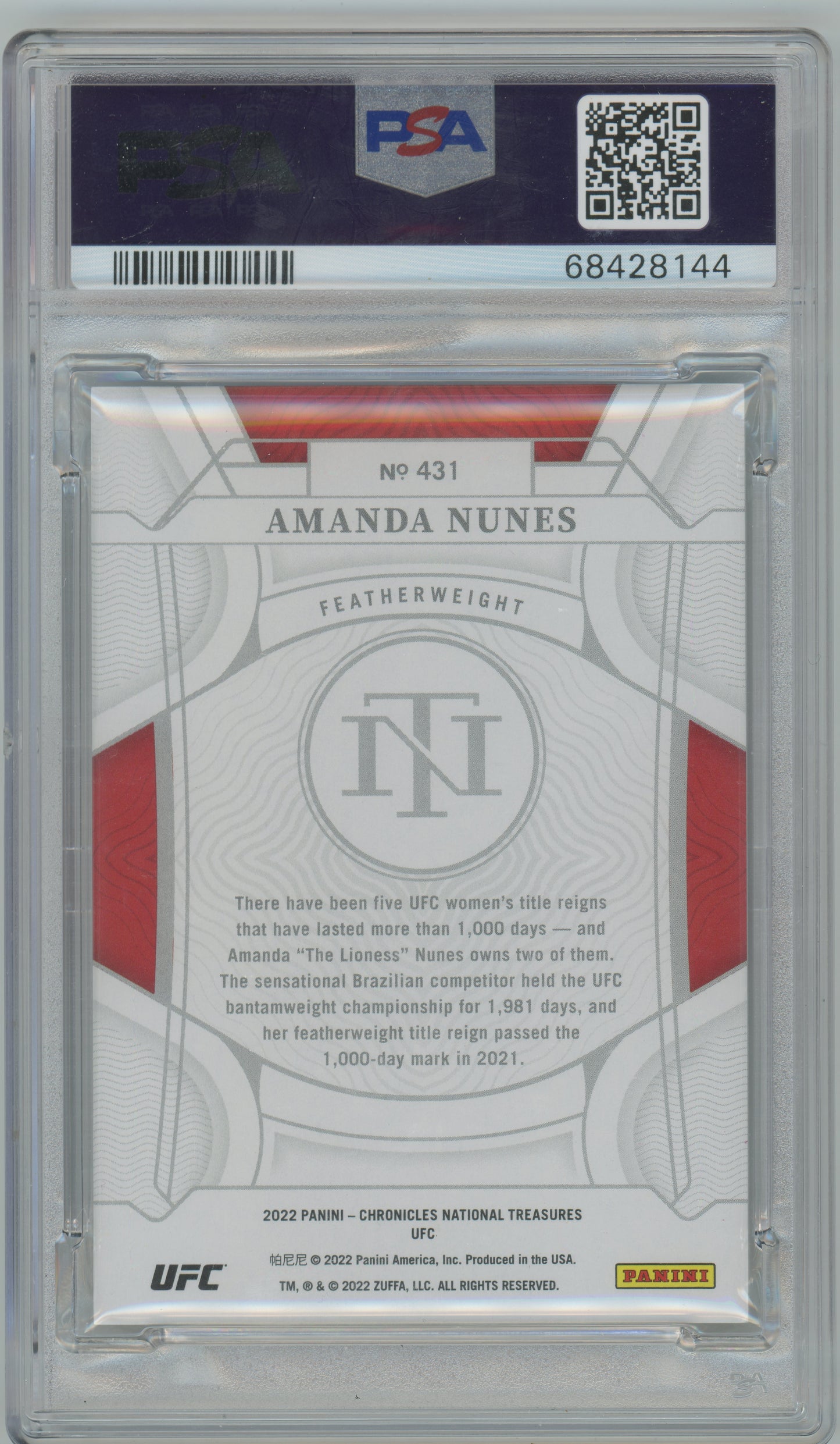 2022 Panini Chron - NATIONAL TREASURES /10 UFC - Amanda Nunes - Gold /10 - PSA 9