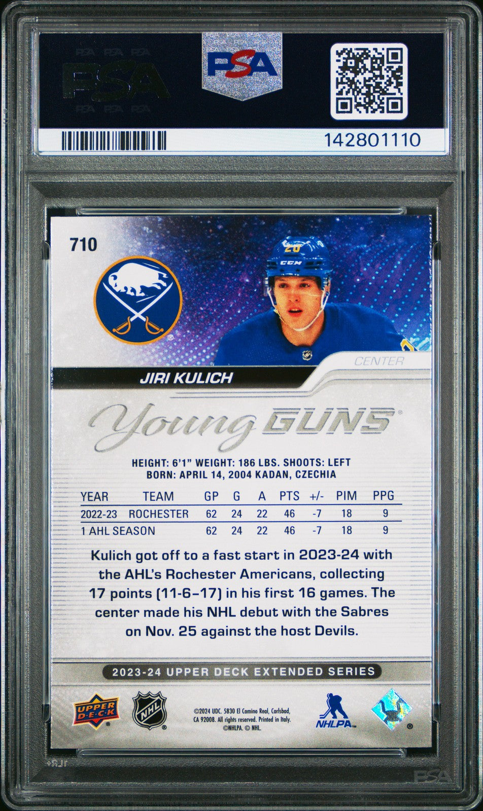 2023 Upper Deck Hockey NHL - Jiri Kulich - YOUNG GUNS ROOKIE - SILVER FOIL - PSA
