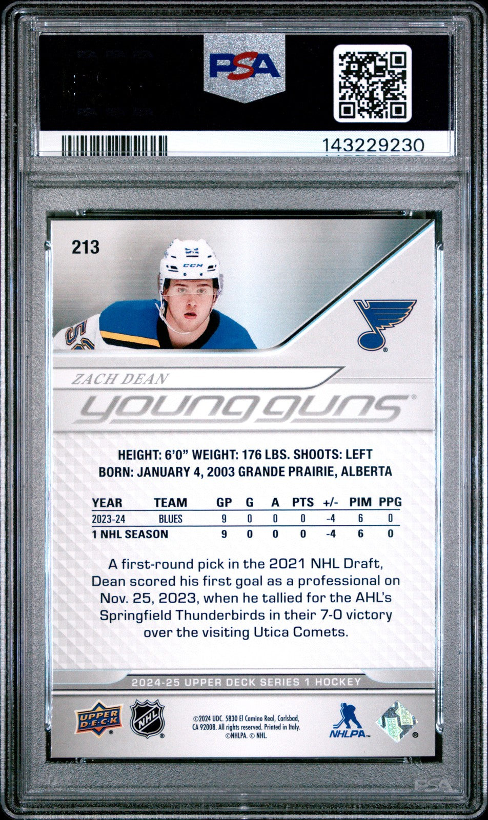 2024 Upper Deck Hockey NHL - Zach Dean - Young Guns ROOKIE - SILVER FOIL - PSA