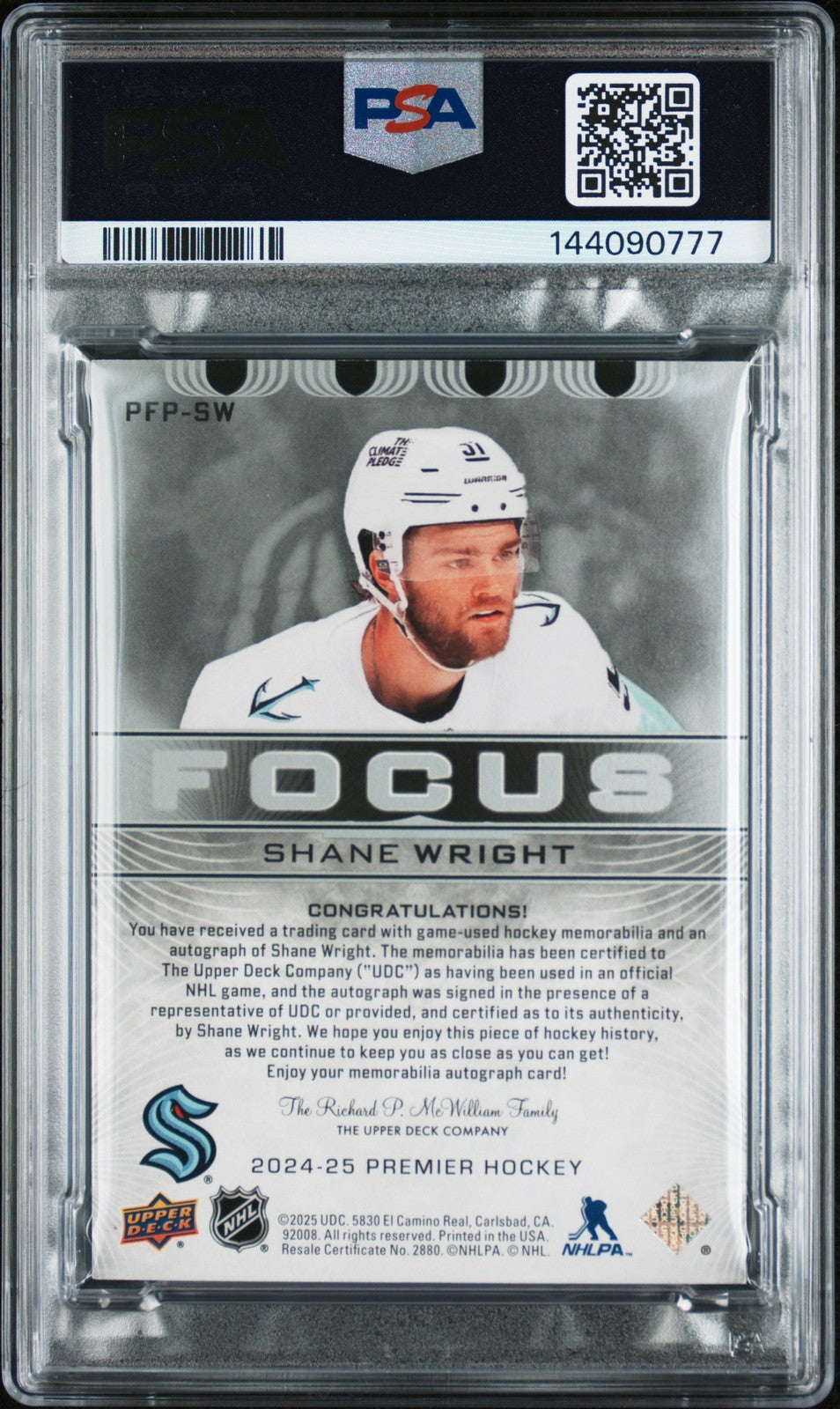 2024 UD PREMIER - SHANE WRIGHT -  GAME USED PATCH AUTO /49 - PSA - Game Used /49