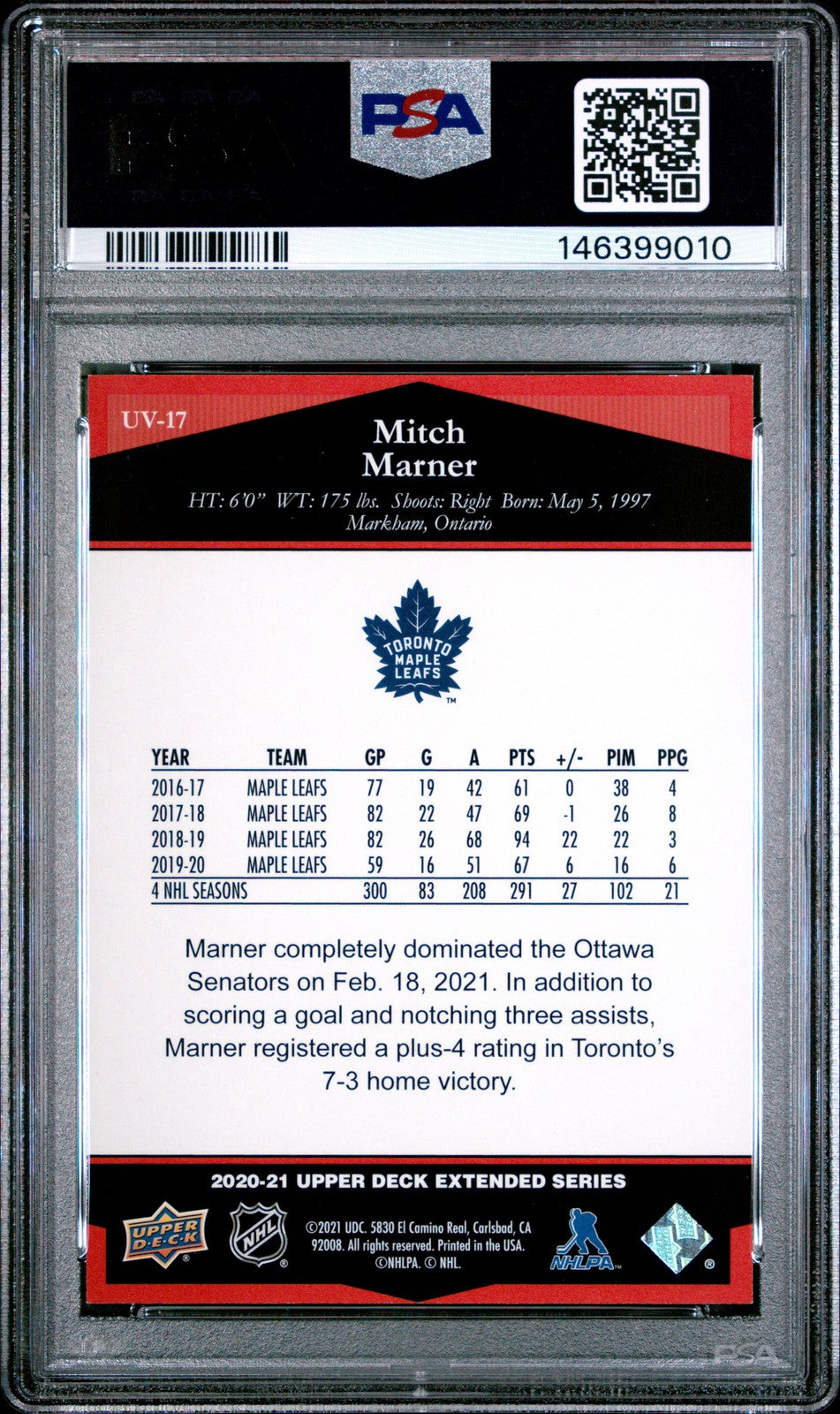 2020 UPPER DECK - MITCH MARNER #UV17 - ULTIMATE VICTORY /350 - PSA - /350