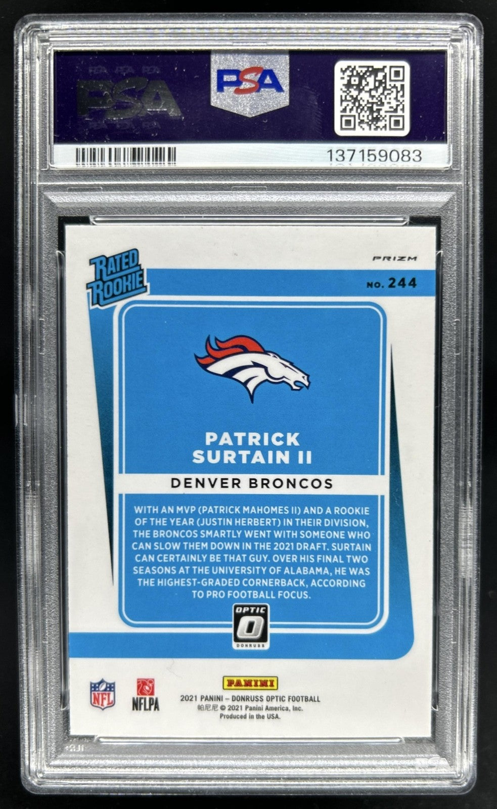 2021 Donruss Optic - Patrick Surtain II - Purple Shock ROOKIE -PSA - ROOKIE