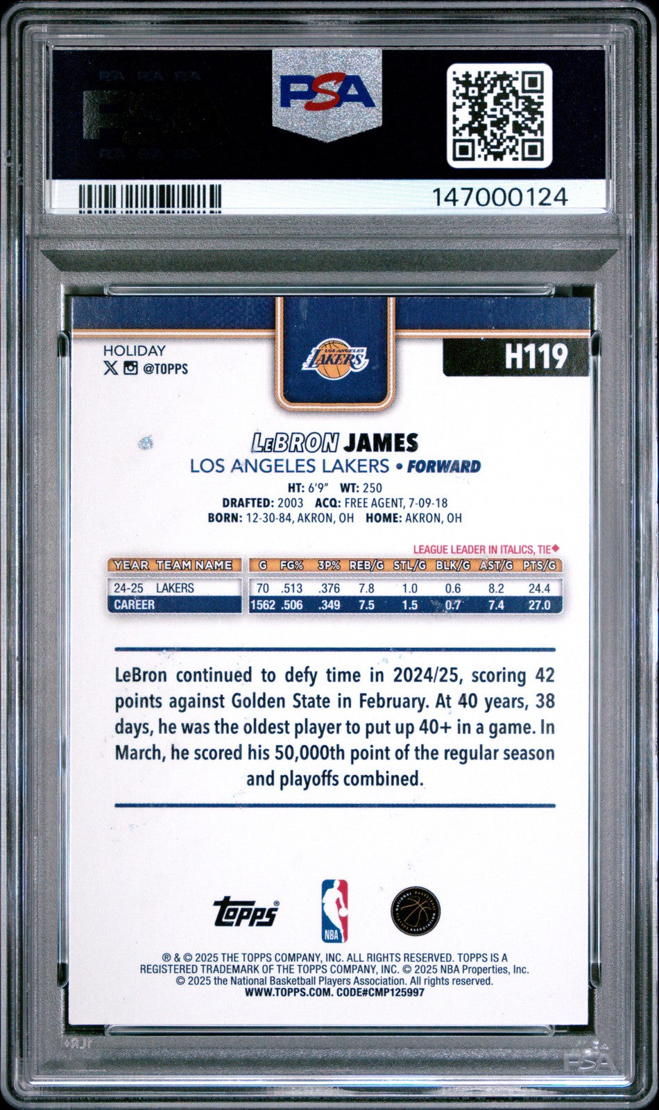 2025 TOPPS HOLIDAY - LeBRON JAMES #H119 - Glitter - PSA - GLITTER