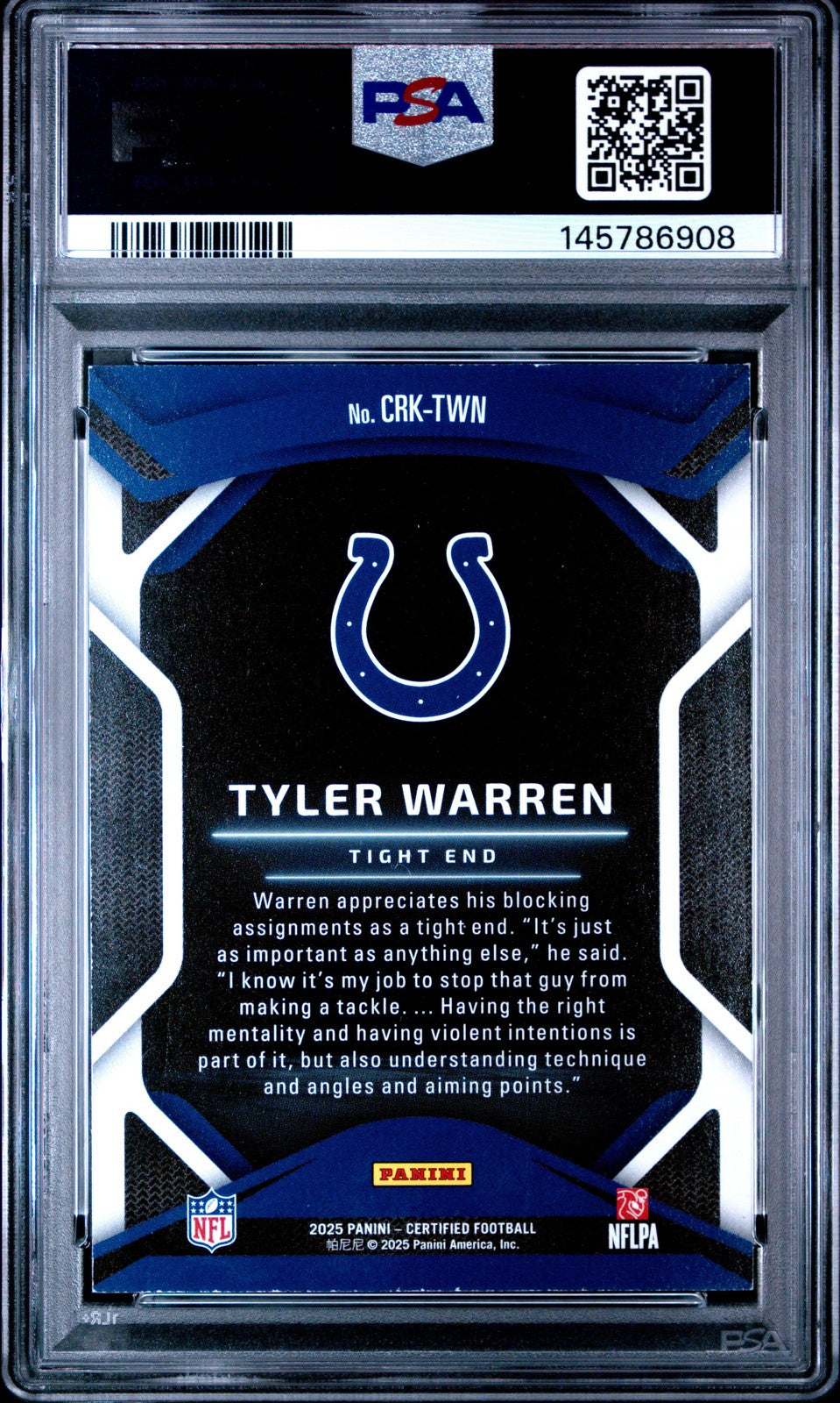 2025 PANINI CERTIFIED - TYLER WARREN - CERTIFIED ROOKIES - MIRROR RED /99 - PSA