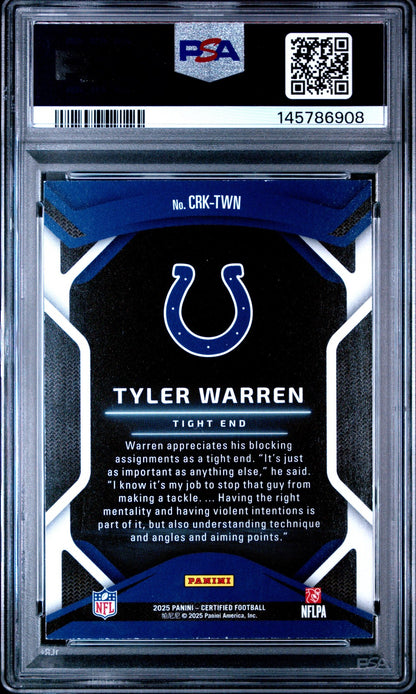 2025 PANINI CERTIFIED - TYLER WARREN - CERTIFIED ROOKIES - MIRROR RED /99 - PSA