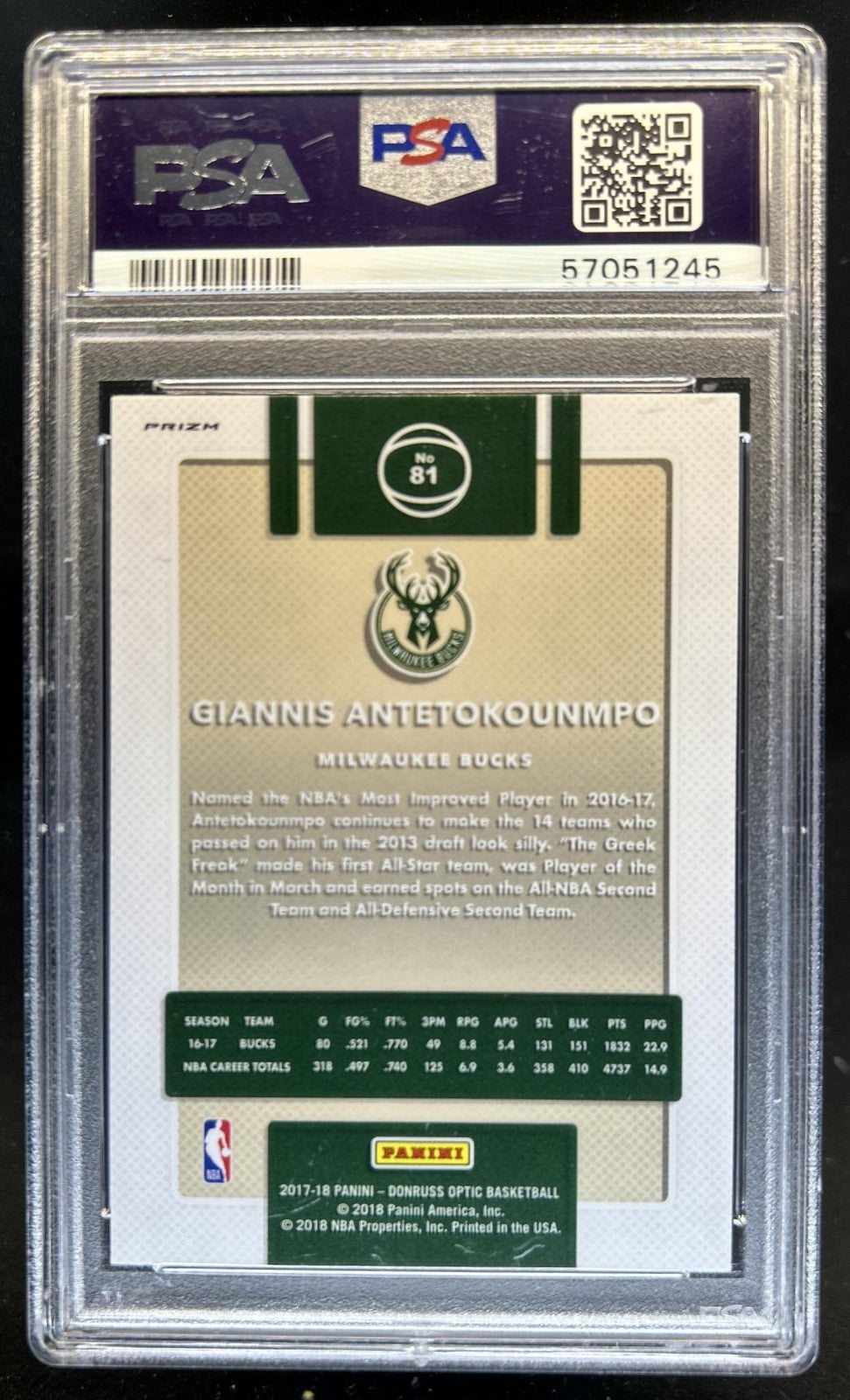 2017 Panini Donruss Optic - Giannis Antetokounmpo #81 - Holo - PSA 10