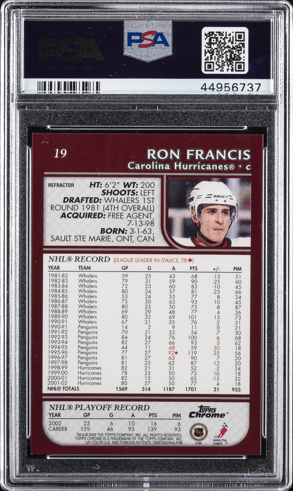 2002 Topps Chrome Hockey - Ron Francis #19 - REFRACTOR - PSA 8.5