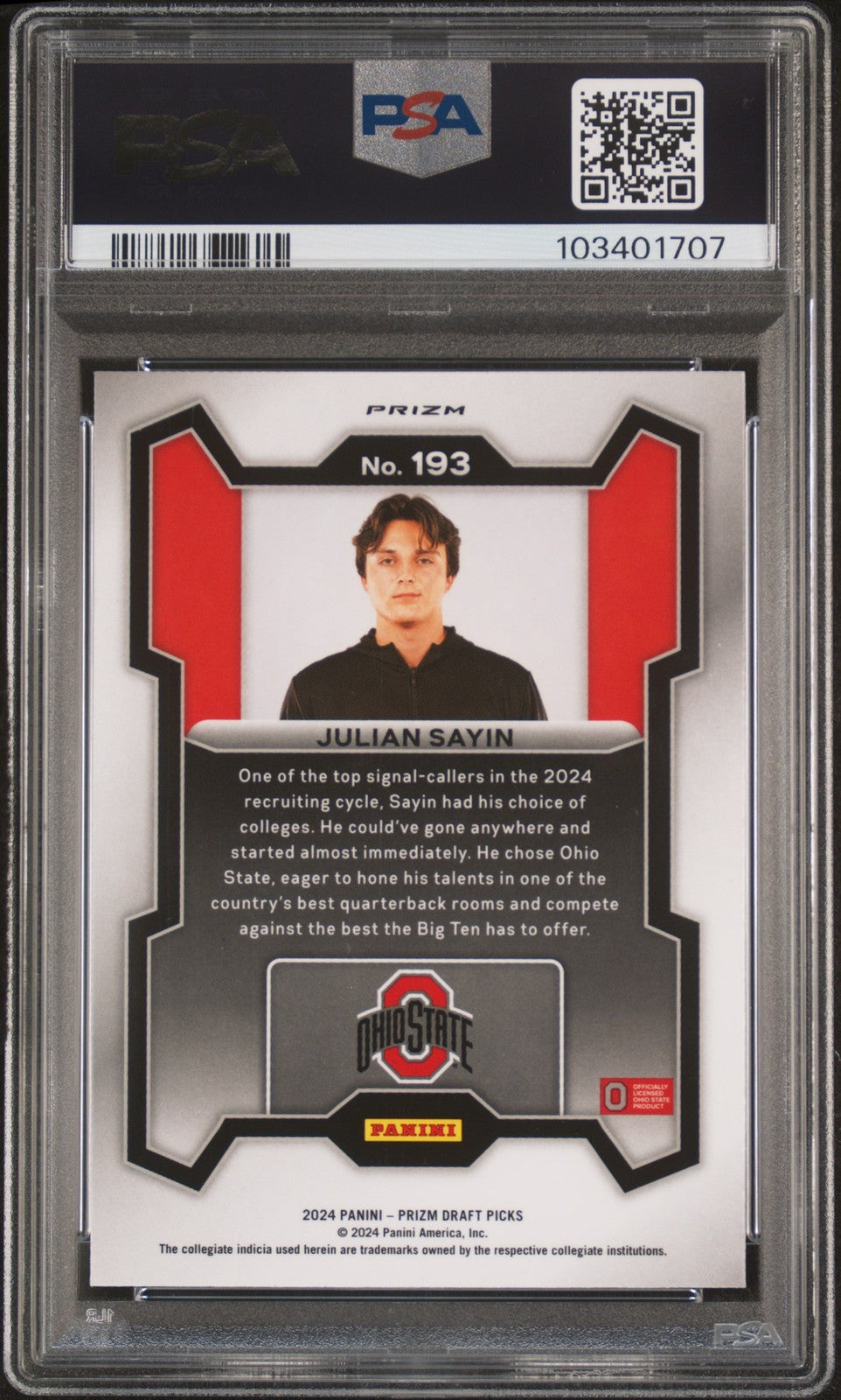 2024 Prizm Draft Picks - Julian Sayin #193- RED ICE ROOKIE - PSA - OSU QB ROOKIE
