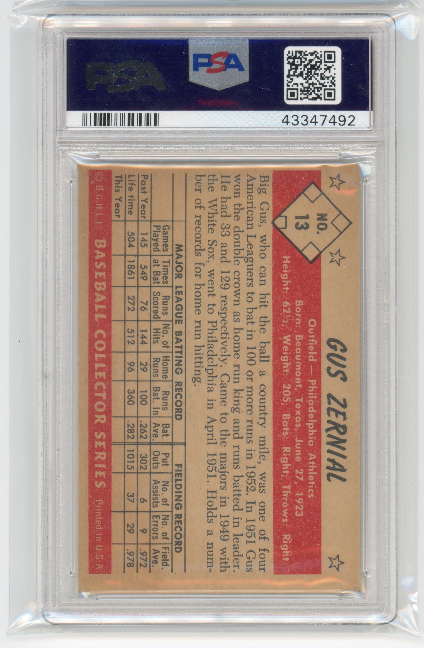 1953 Bowman Color Gus Zernial #13 PSA 5.5