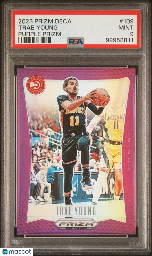 2023 Panini Deca Purple Prizm #109 Trae Young Hawks - /99 PSA 9 MINT - /99