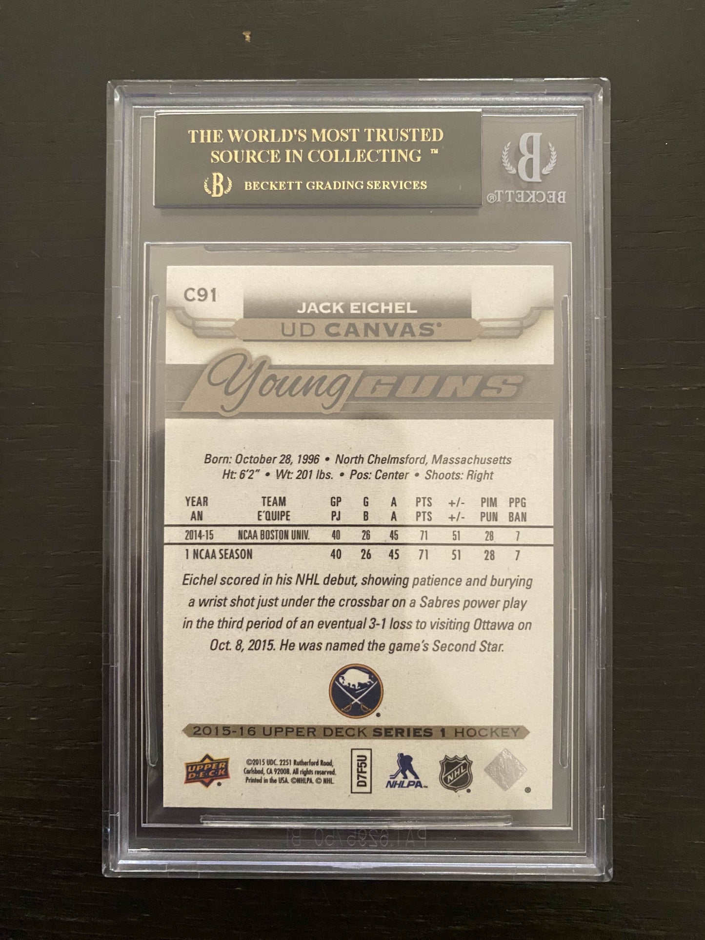 2015 Upper Deck -Jack Eichel YG RC - Young Guns - PRISTINE BLACK LABEL - BGS 10