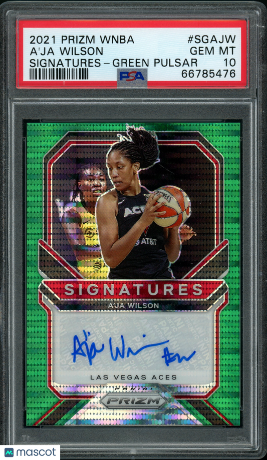 2021 Panini Prizm WNBA- A'ja Wilson - Signature - Green Pulsar AUTO /25 - PSA 10