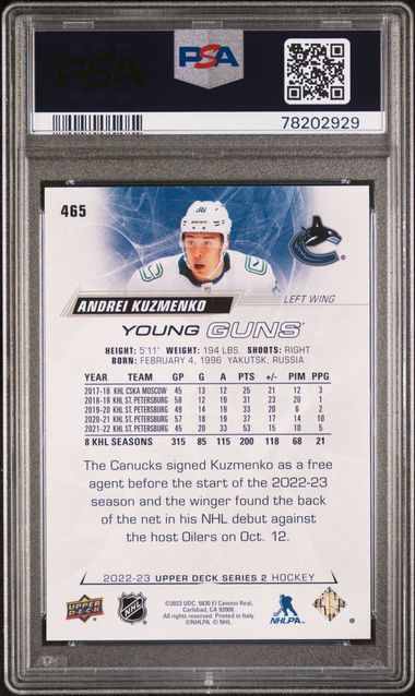 2022 Upper Deck - Andrei Kuzmenko #465 - Young Guns Rookie - YG ROOKIE - PSA 10