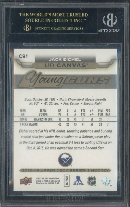 2015-16 Upper Deck Canvas Jack Eichel #C91 Young Gun BGS 10 PRISTINE BLACK LABEL