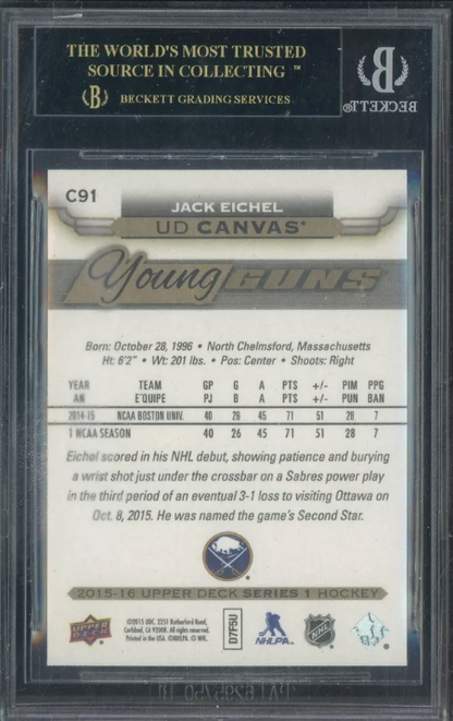 2015-16 Upper Deck Canvas Jack Eichel #C91 Young Gun BGS 10 PRISTINE BLACK LABEL