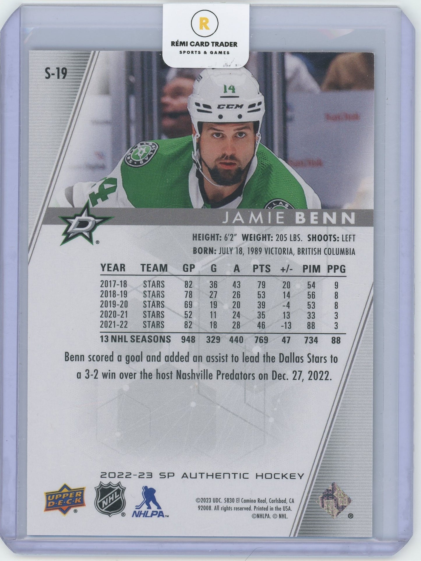 2023 2022-23 SP Authentic Hockey Jamie Benn #S-19 Gold Refractor 48/50
