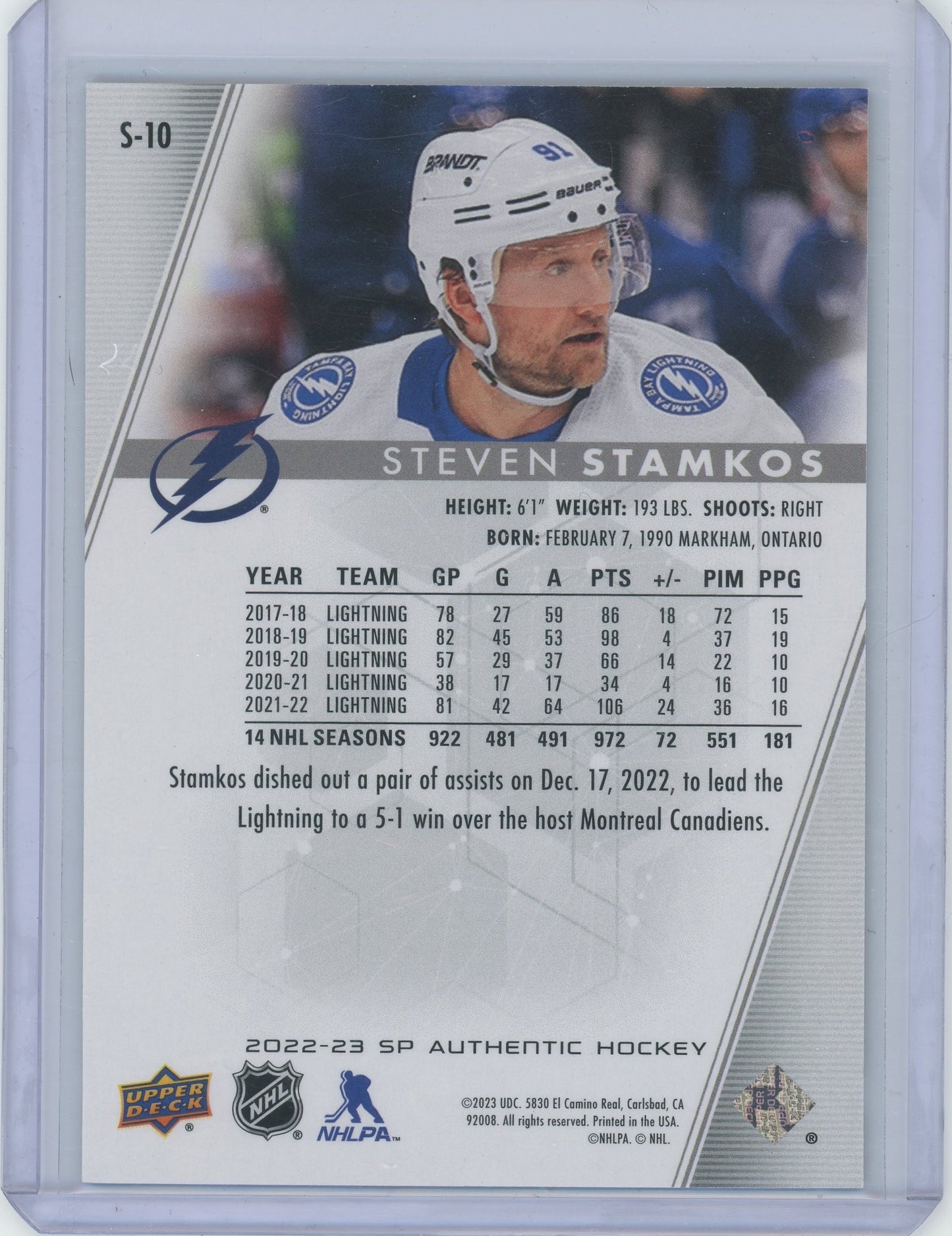 2023 2022-23 SP Authentic Hockey Steven Stamkos #S-10 Gold Refractor 33/50