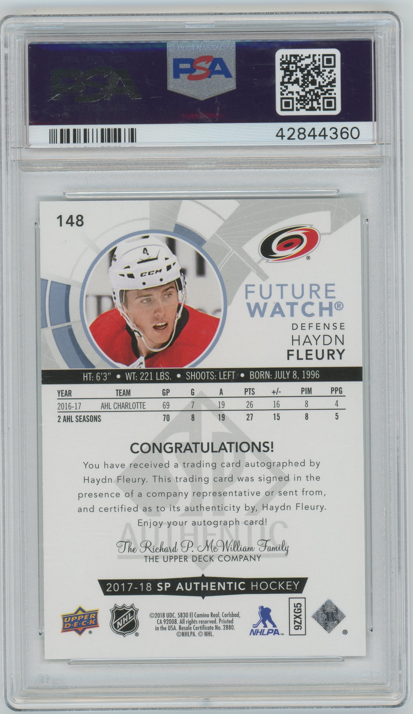 2017 SP Authentic Hockey - Haydn Fleury #148 - AUTO - Future Watch Auto - PSA 10