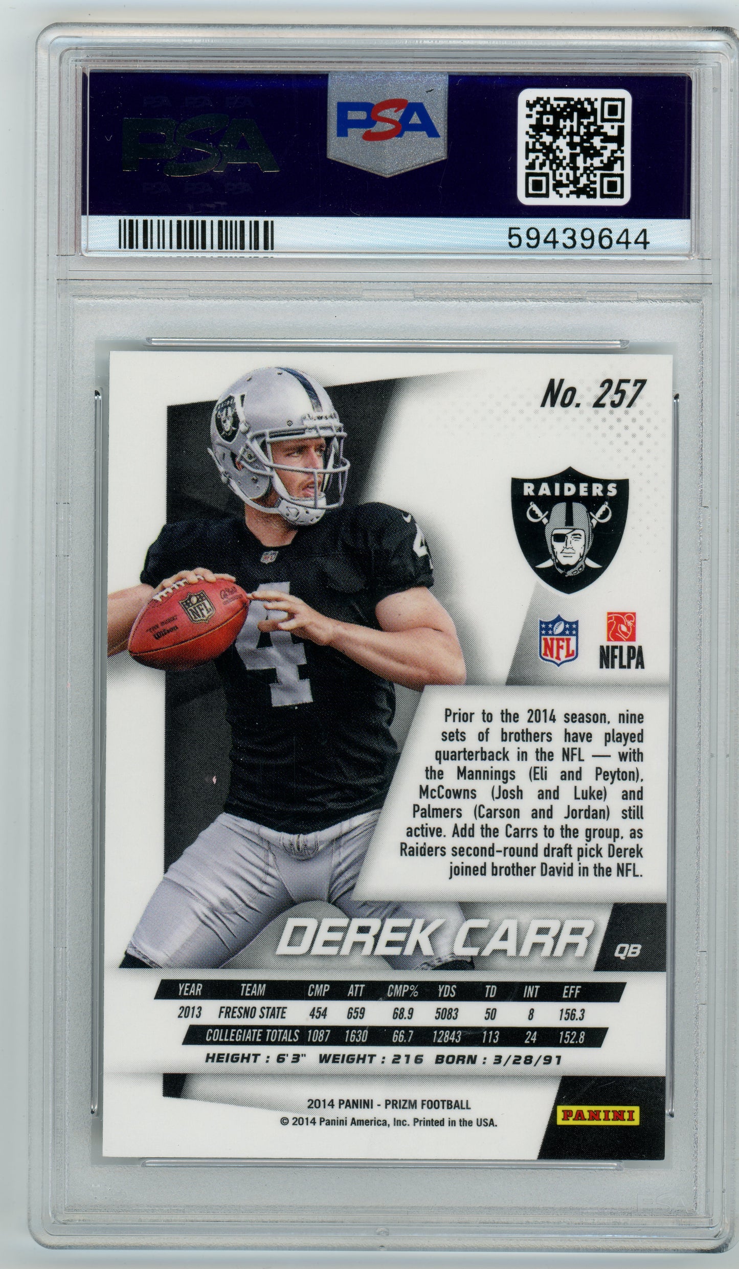 2014 Panini Prizm - Derek Carr #257 - ROOKIE - PSA 9