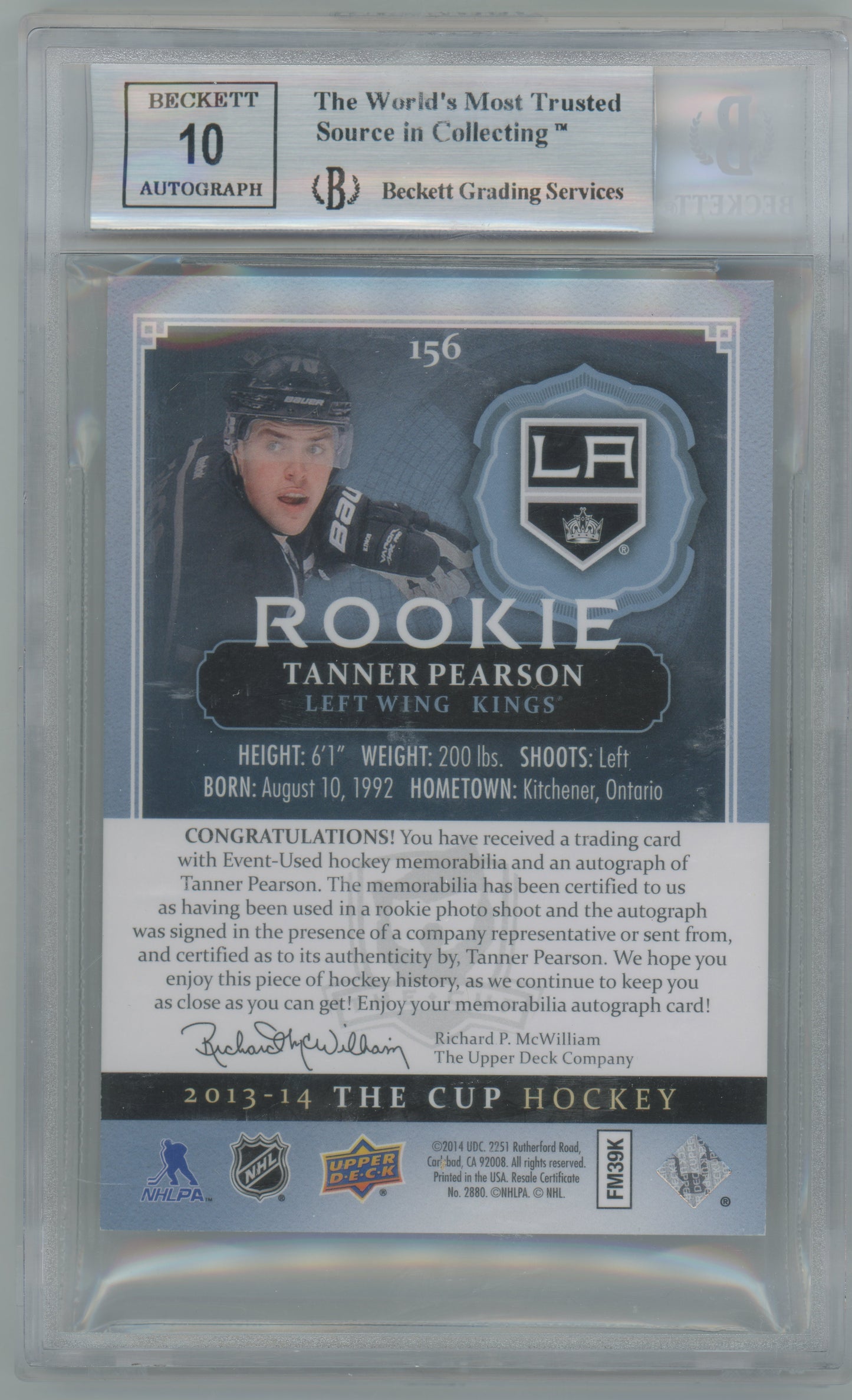 2013-14 Upper Deck - The Cup - Tanner Pearson - ROOKIE PATCH AUTO - /249 - BGS 9