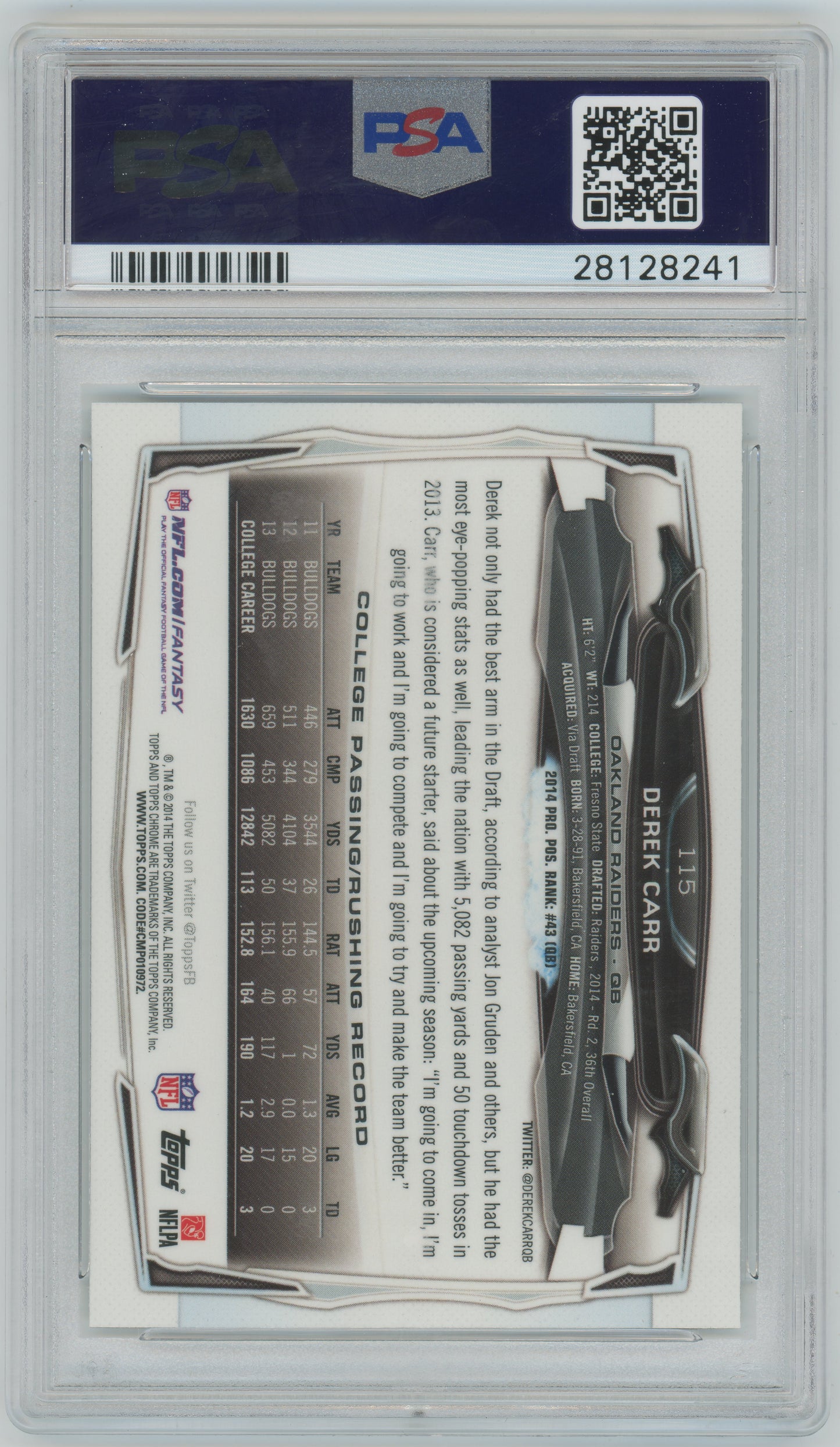 2014 Topps Chrome Derek Carr #115 With Ball PSA 10