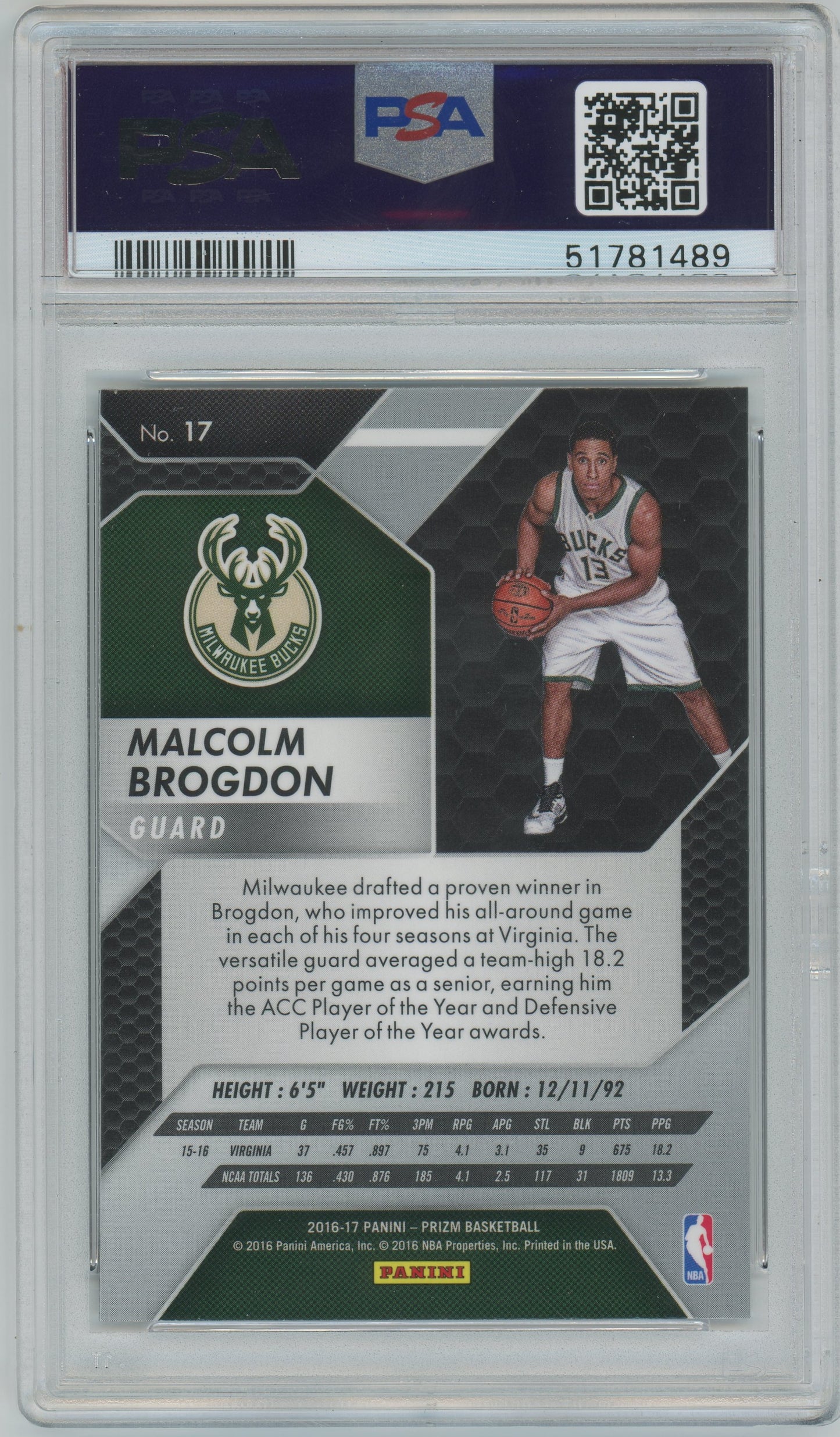 2016 Panini Prizm Malcolm Brogdon ROOKIE #17 PSA 9