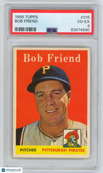 1958 Topps #315 Bob Friend Pittsburgh Pirates PSA 4 VG-EX