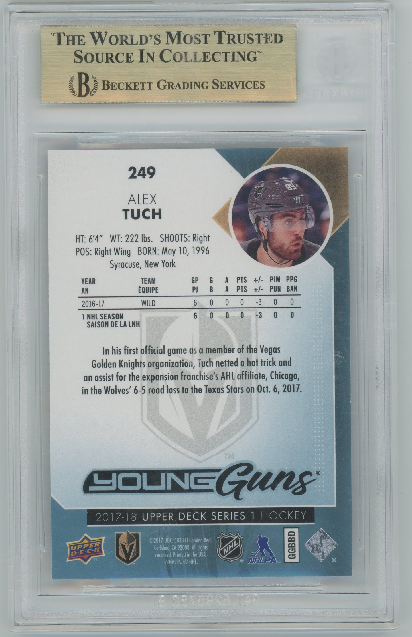 2017-18 Upper Deck - Alex Tuch - YOUNG GUNS - #249 - ROOKIE - BGS 9.5