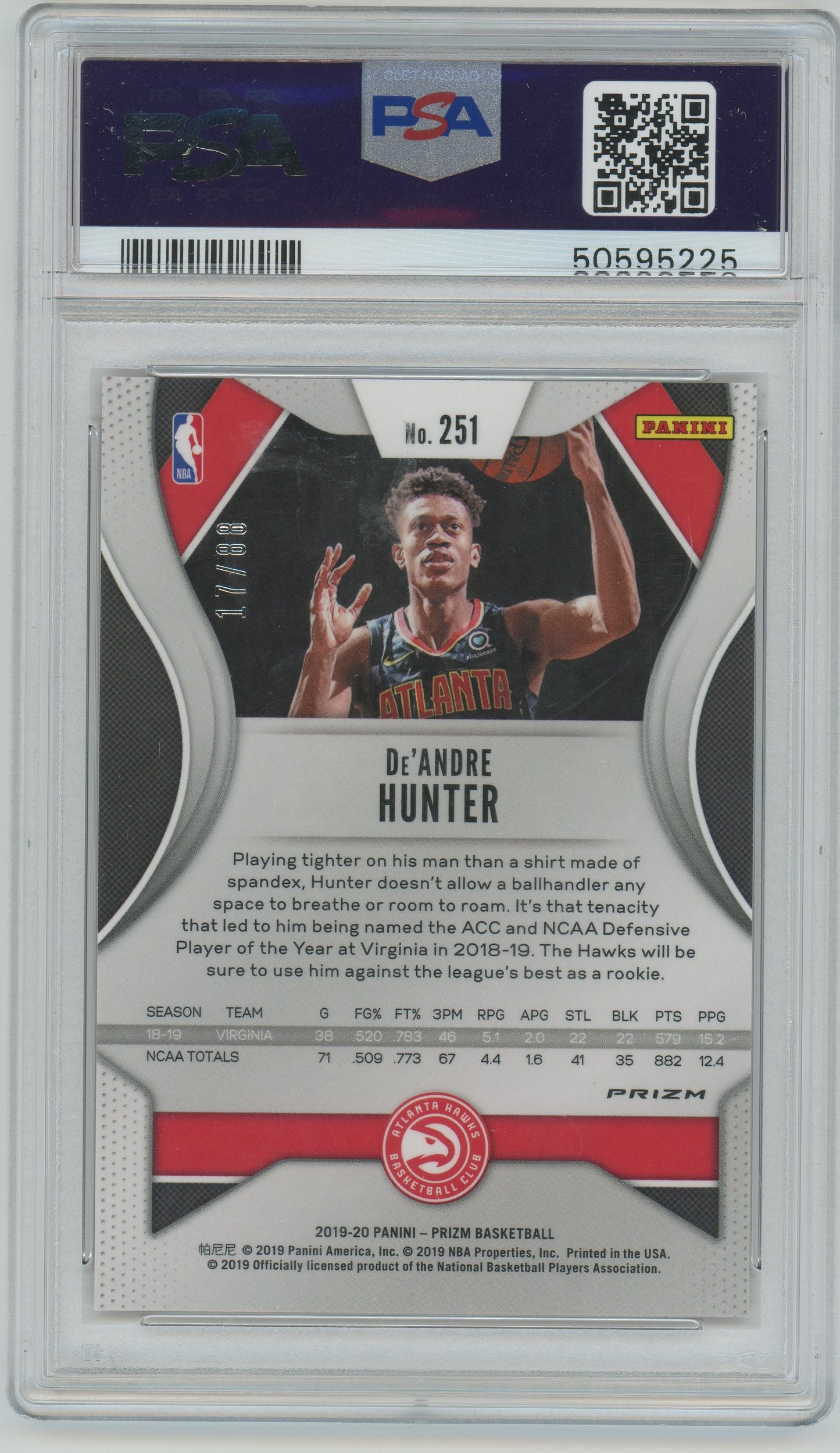 2019 Panini Prizm De'andre Hunter ROOKIE #251 Choice Prizm Red /88 PSA 8 - /88