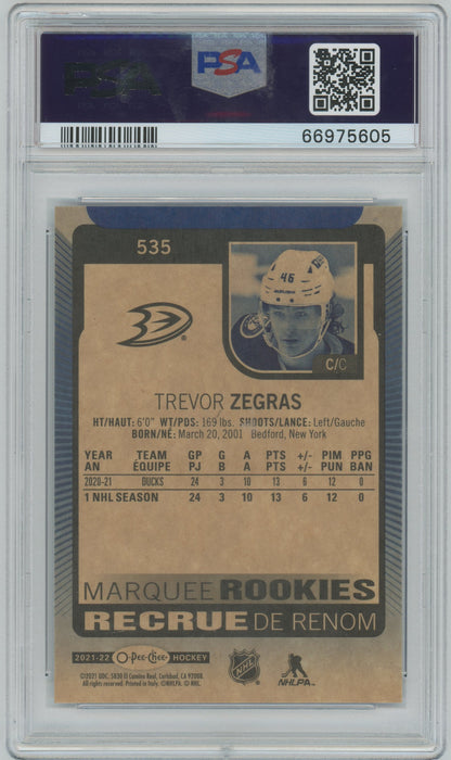 2021 O-Pee-Chee Trevor Zegras #535 Blue Border Marquee Rookie PSA 10