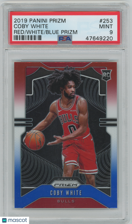 2019 Panini Prizm - Coby White #253 - ROOKIE - Red/White/Blue ROOKIE - PSA 9