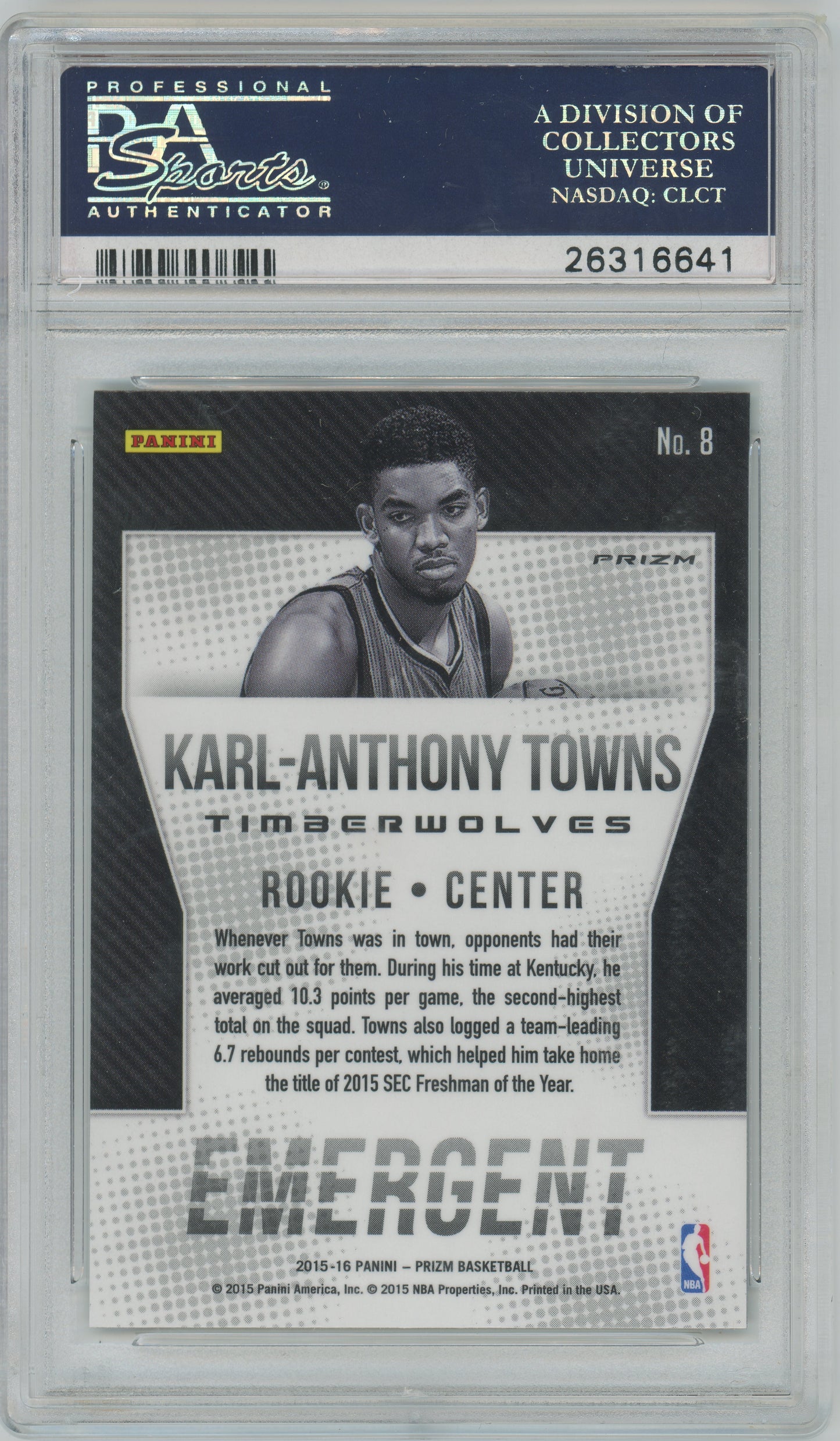 2015 Panini Prizm - Emergent #8 - Karl-Anthony Towns - Green ROOKIE - PSA 10
