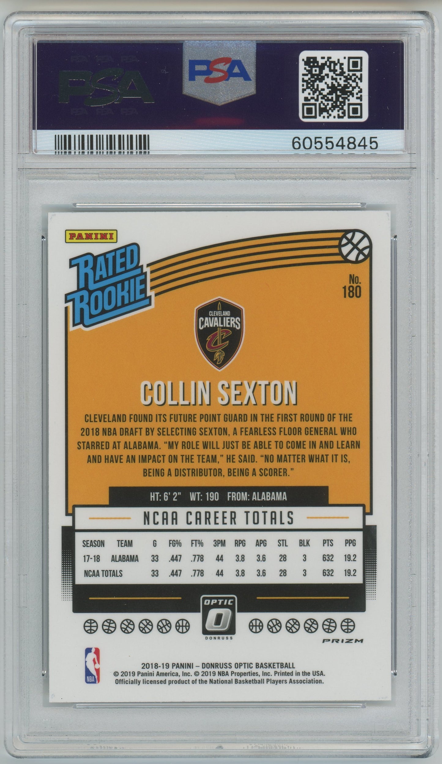 2018 Panini Donruss Optic Collin Sexton ROOKIE #180 Holo PSA 9