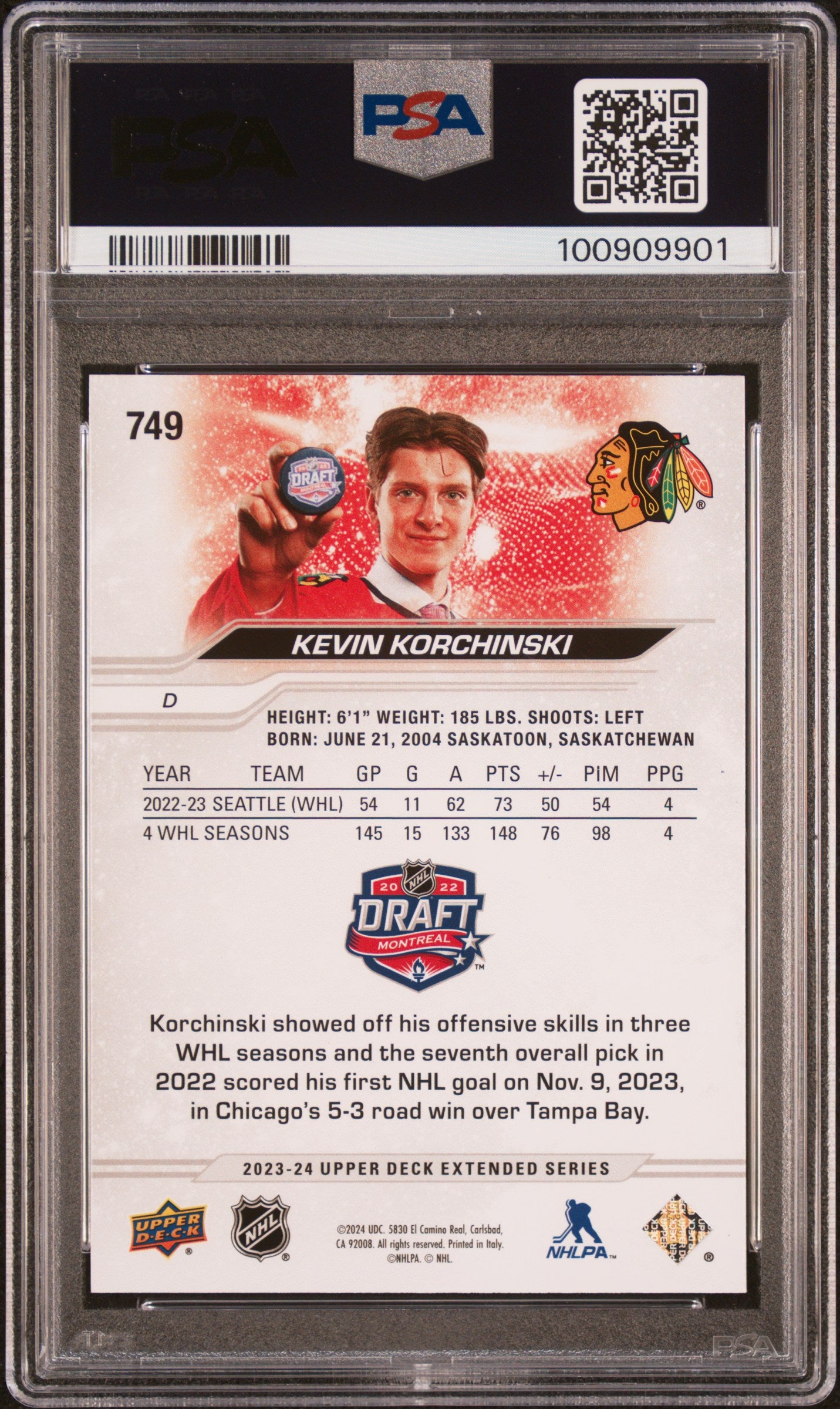 2023 Upper Deck Hockey - #749 Kevin Korchinski - Blackhawks RC ROOKIE - PSA 9