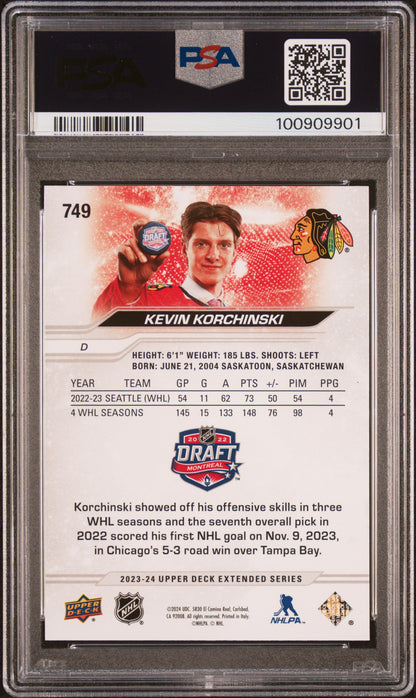 2023 Upper Deck Hockey - #749 Kevin Korchinski - Blackhawks RC ROOKIE - PSA 9