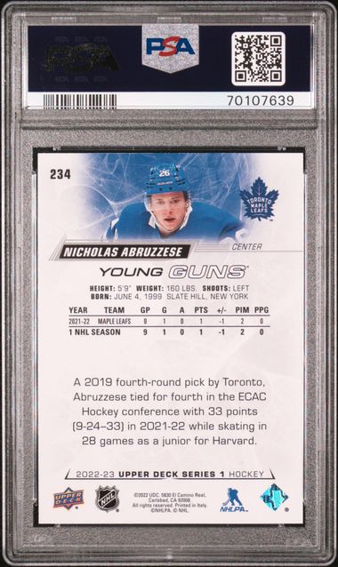 2022 Upper Deck Hockey - Nicholas Abruzzese - Young Guns #234 - YG ROOKIE - PSA