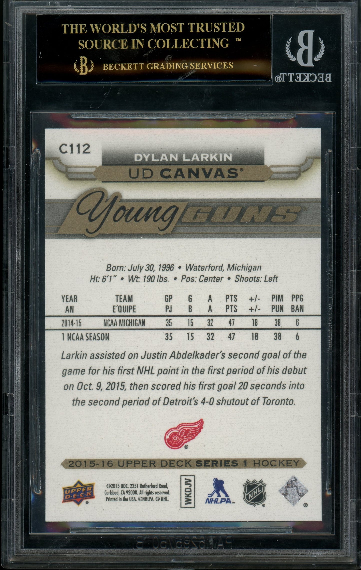 2015 Upper Deck - Dylan Larkin - Young Guns ROOKIE - BGS 10 - PRISTINE