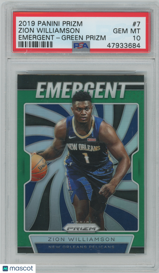 2019 Panini Prizm - Zion Williamson #7 - ROOKIE - Emergent- Green Prizm - PSA 10