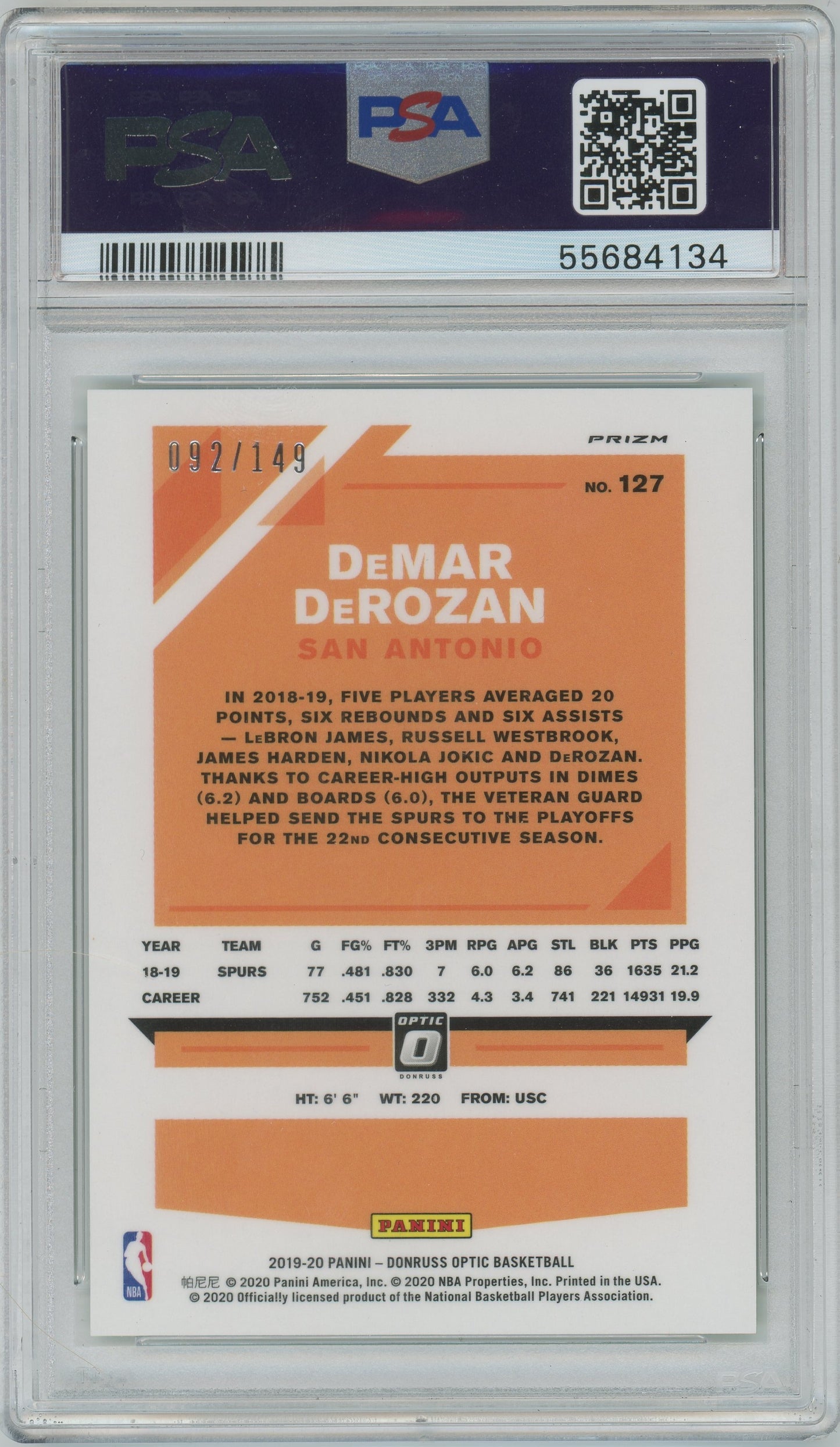 2019 Panini Donruss Optic DeMar DeRozan #127 Lime Green /149 - PSA 9 - /149